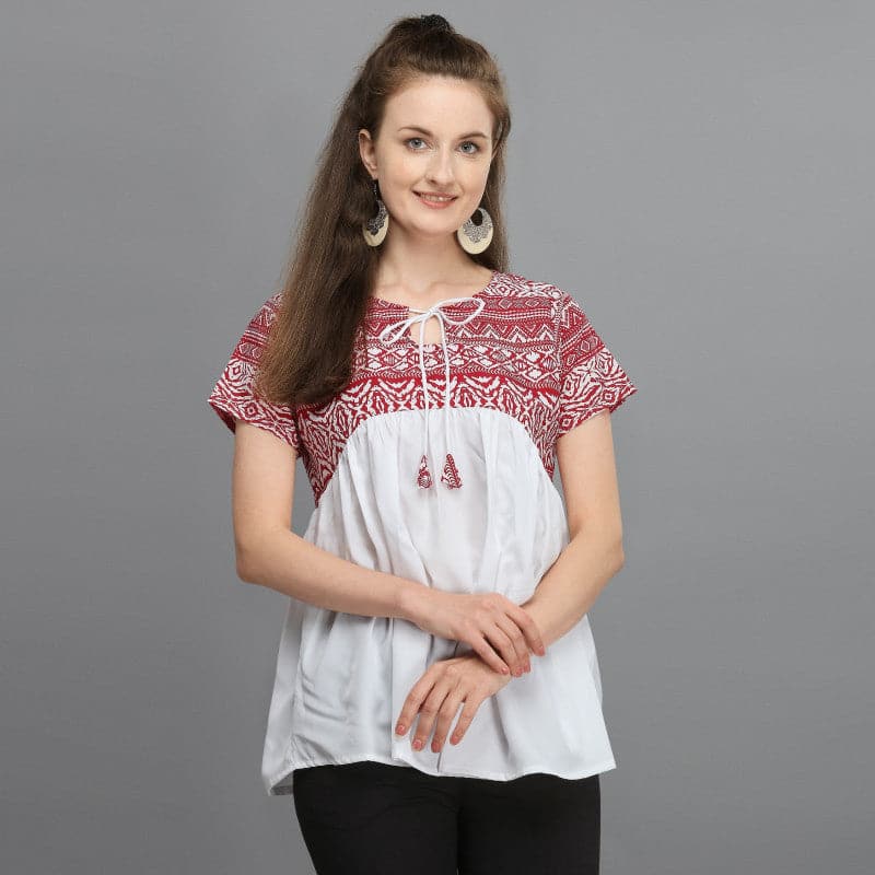 Trendy White & Red Ethnic A-Line Top