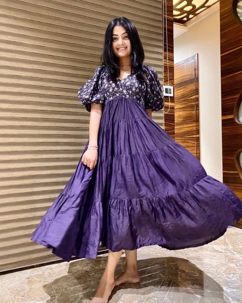 Awesome Purple Color Embroidery Work With Ruffle Dress