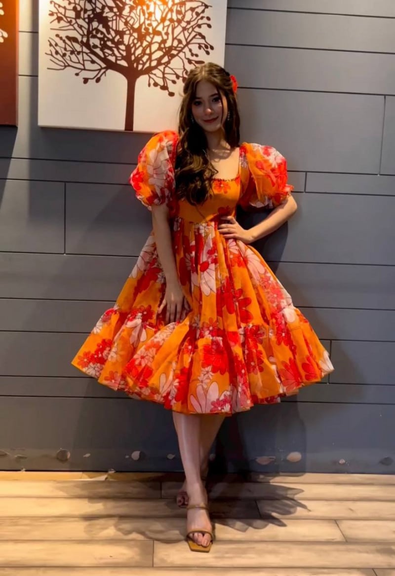 Beautiful Orange Color Organza Printed Dress