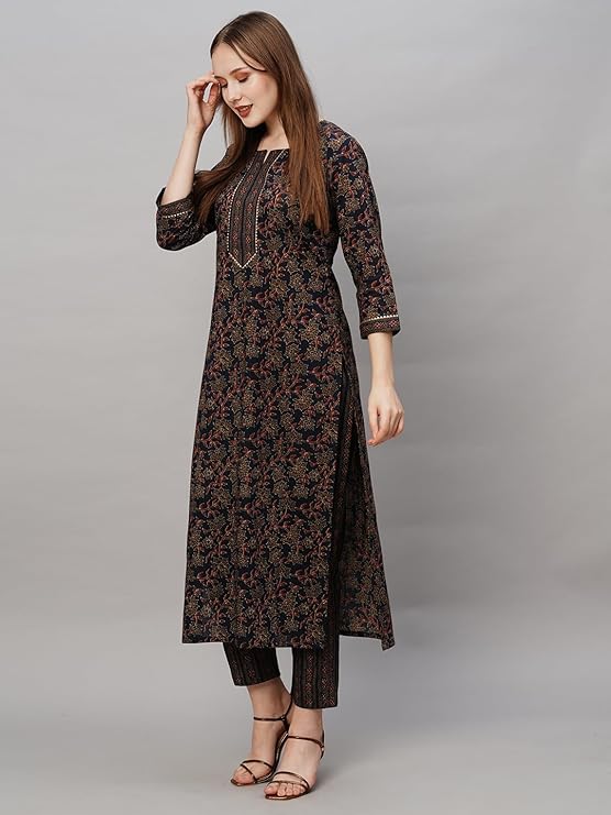 Women's Cotton Blend Printed Straight Kurta with Pant