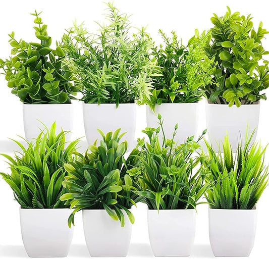 Pack Artificial Plastic Eucalyptus Plants Small Indoor Potted Houseplants, Artificial Potted Plants, Small Faux Plants for Home Decor Bathroom Office Farmhouse (Set 0F 8)